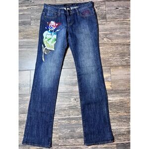Vintage Ed Hardy Jeans SZ 27 Rhinestone Skull Rose Embellished‎ Denim Grunge Y2K